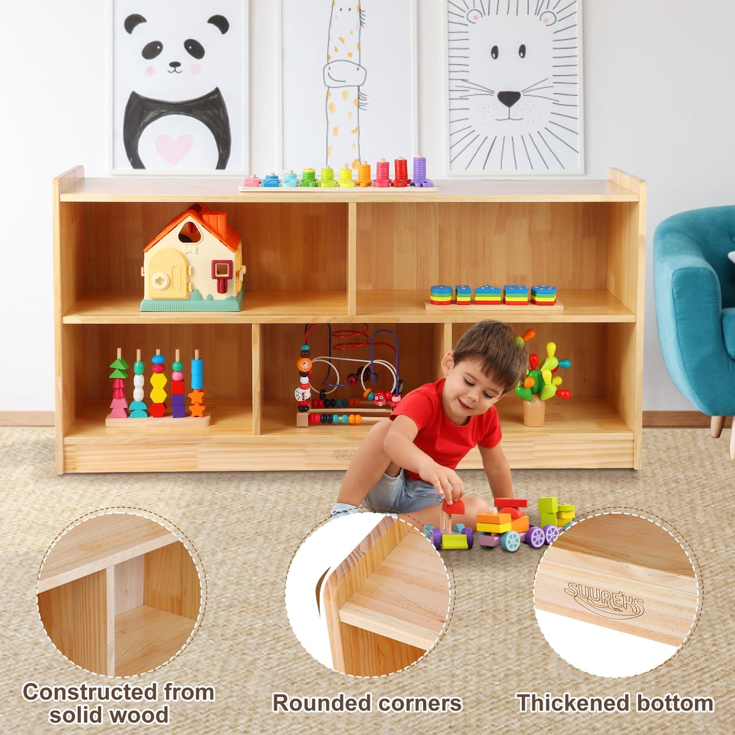 2-Layer Wooden Storage Cabinet Table 5-Section Bookshelf Toy Organizer for Kids' Rooms Playroom School Nursery
