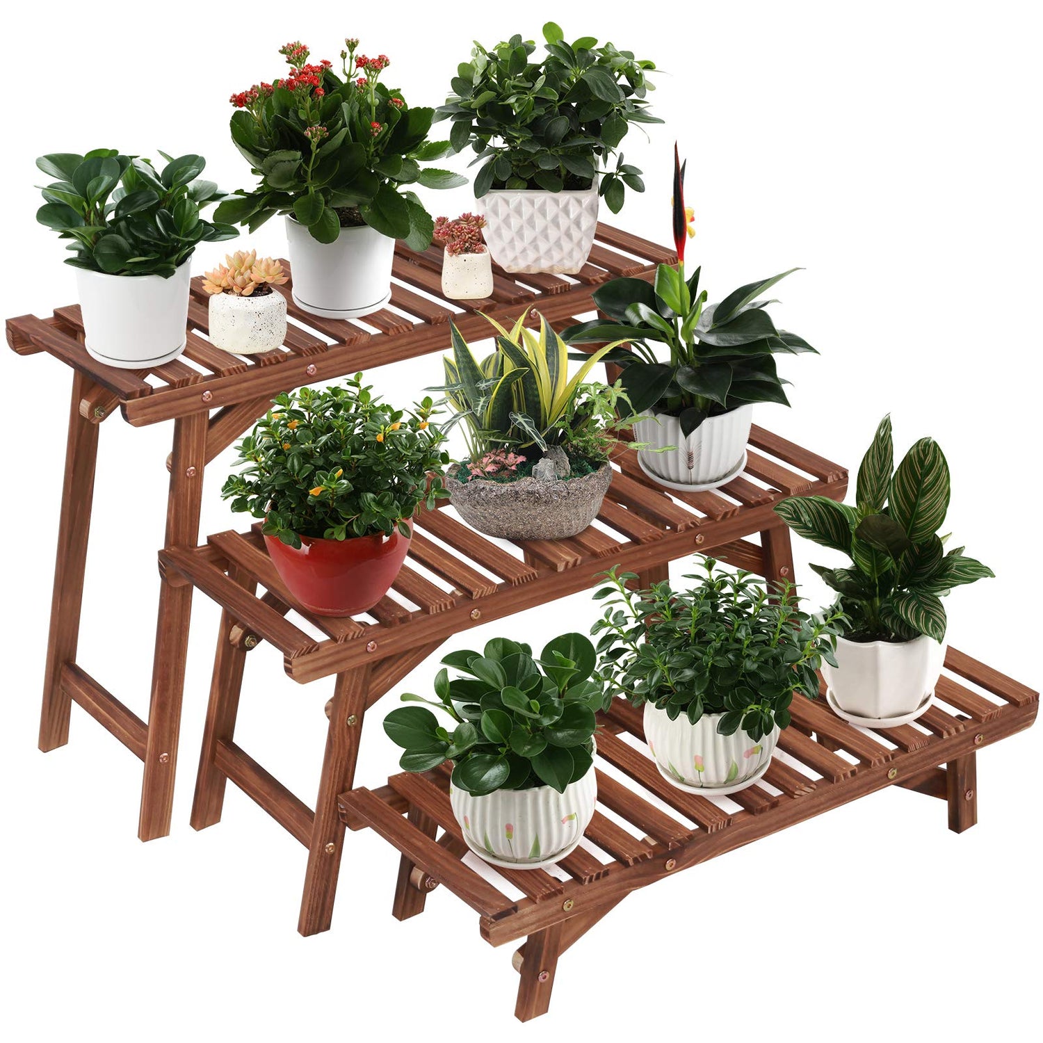 3-tier tiered solid wood plant stand for living room display - Huan Furniture OEM.