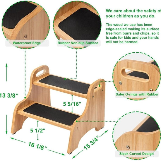 Wooden 2 Step Stools for Kids Toddler with Non-Slip Stepping Surface Portable Stool with Handles
