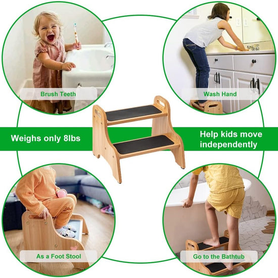 Wooden 2 Step Stools for Kids Toddler with Non-Slip Stepping Surface Portable Stool with Handles