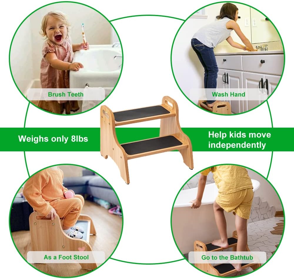 Wooden 2 Step Stools for Kids Toddler with Non-Slip Stepping Surface Portable Stool with Handles