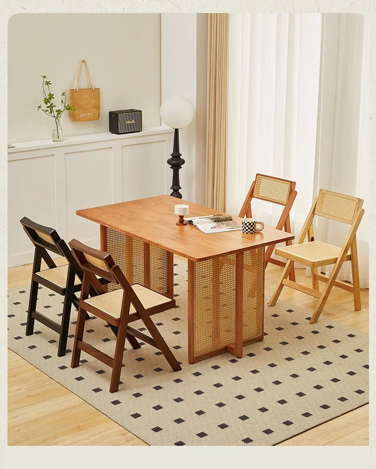 Scandinavian Solid Rubber Wood Folding Dining Chair | Natural Rattan Weave Accent Chair