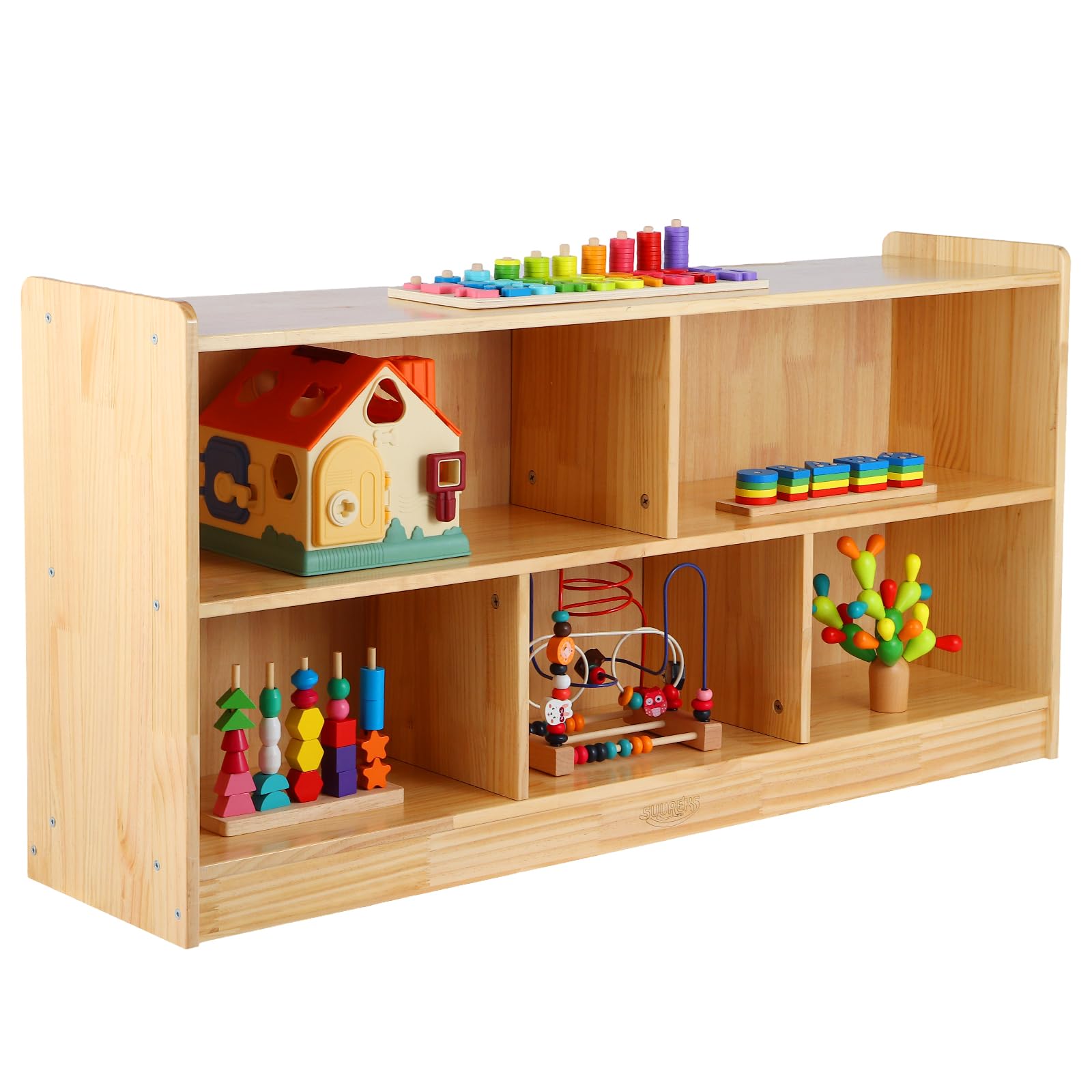 2-Layer Wooden Storage Cabinet Table 5-Section Bookshelf Toy Organizer for Kids' Rooms Playroom School Nursery
