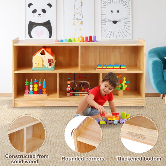 2-Layer Wooden Storage Cabinet Table 5-Section Bookshelf Toy Organizer for Kids' Rooms Playroom School Nursery