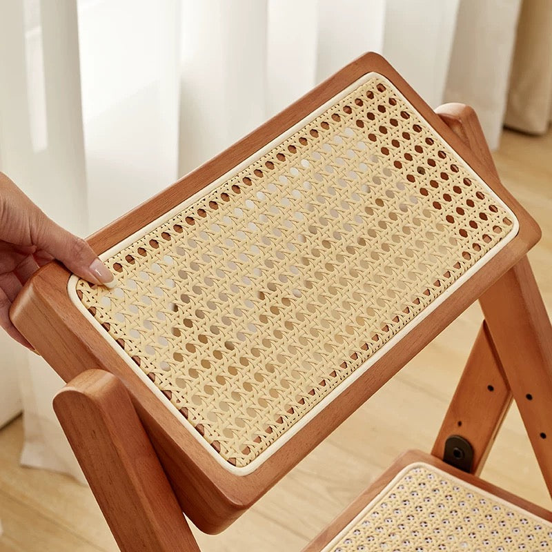 Scandinavian Solid Rubber Wood Folding Dining Chair | Natural Rattan Weave Accent Chair