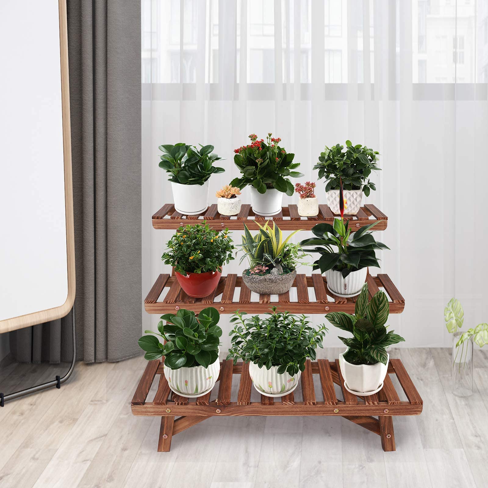 6-Tier Wooden Tall Plant Stand Indoor Outdoor Flower Pot Holder Organiser Corner Display Shelf Floor-Standing Rack for Living