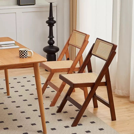 Scandinavian Solid Rubber Wood Folding Dining Chair | Natural Rattan Weave Accent Chair