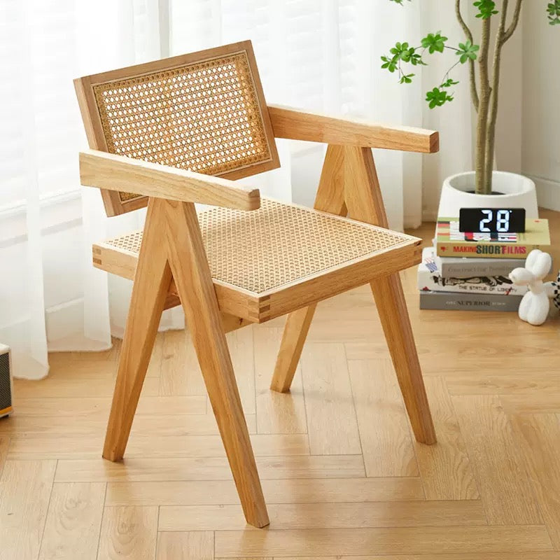 Classic Chandigarh K-Chair | Solid Ash Wood & Natural Rattan Armchair for Hospitality