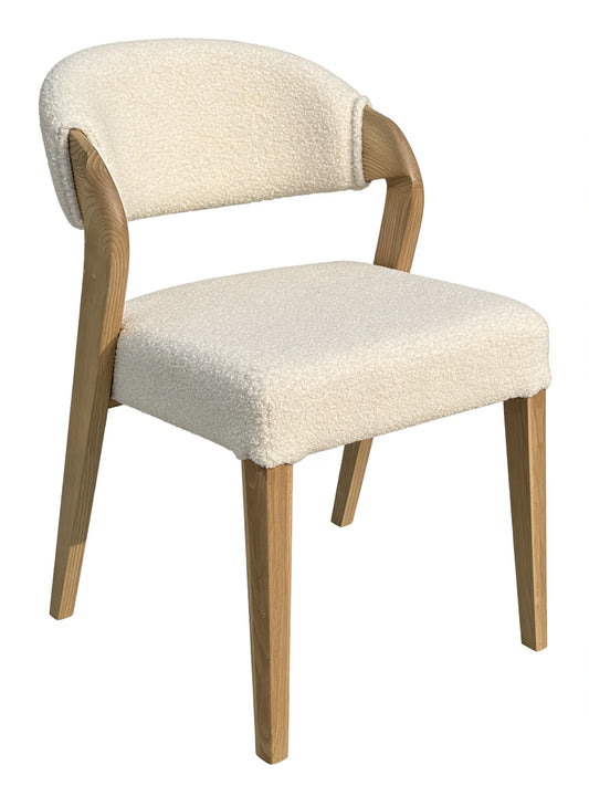 Nordic Solid Ash Wood Dining Chair with White Bouclé Upholstery | Minimalist Accent Seating