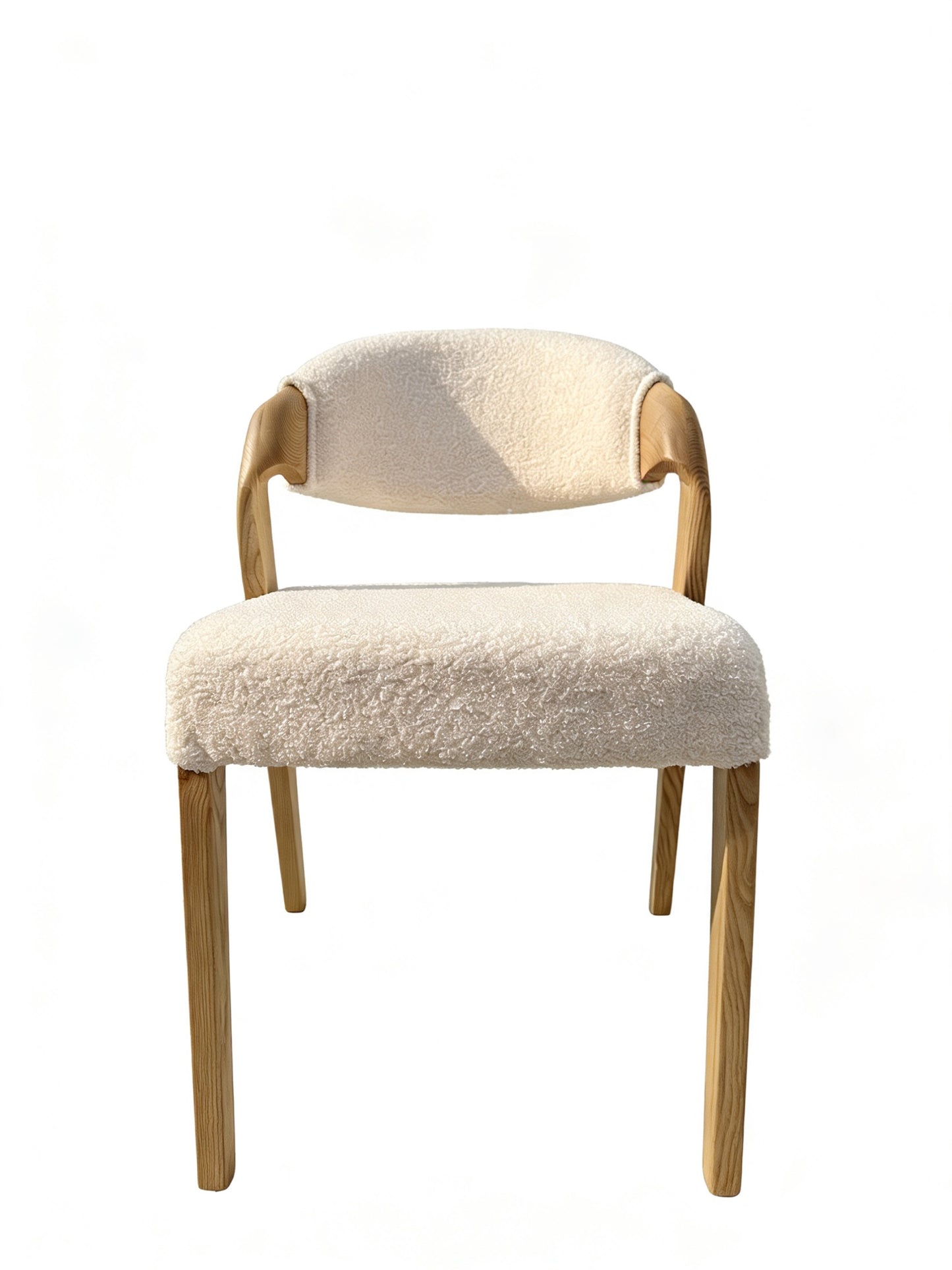 Nordic Solid Ash Wood Dining Chair with White Bouclé Upholstery | Minimalist Accent Seating