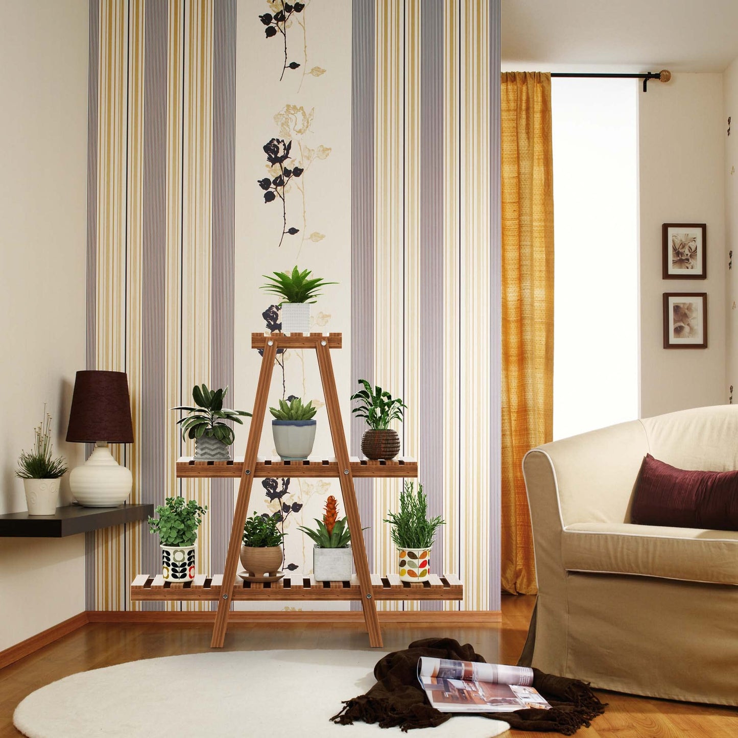 3 Tiers Plant Stand, 8 Potted Tall Large Wood Plant Shelf, Flower Holder Ladder Plant Rack Multiple Planter Display