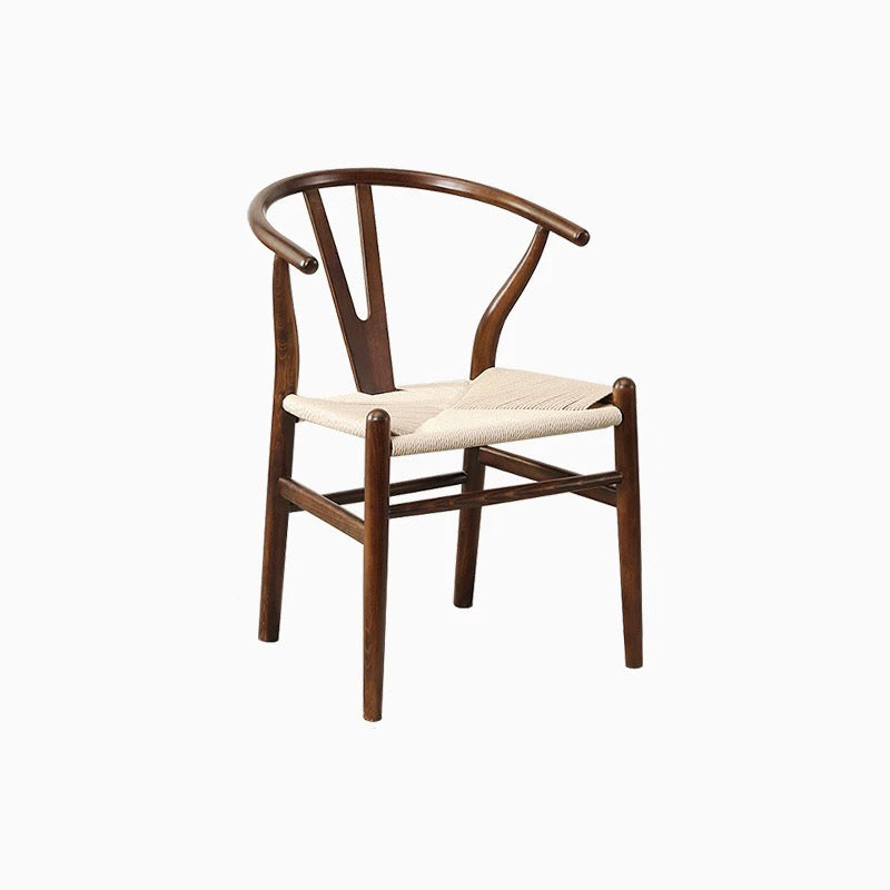 Natural solid wood dining chair with handcrafted rope woven seat and curved backrest