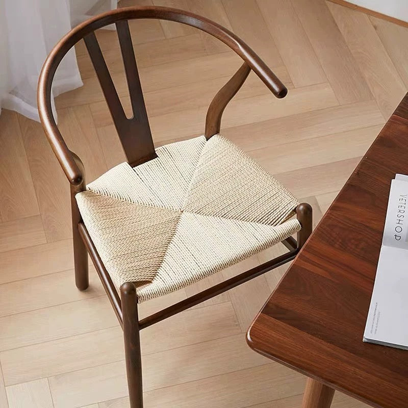 Natural solid wood dining chair with handcrafted rope woven seat and curved backrest