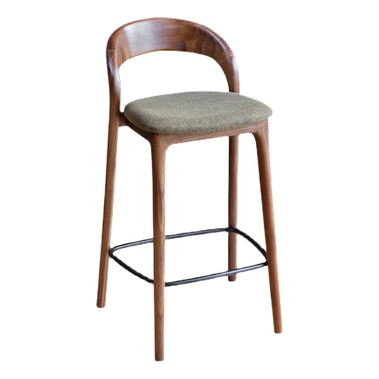 Modern solid wood bar stool with curved backrest and upholstered seat for kitchen island and home bar