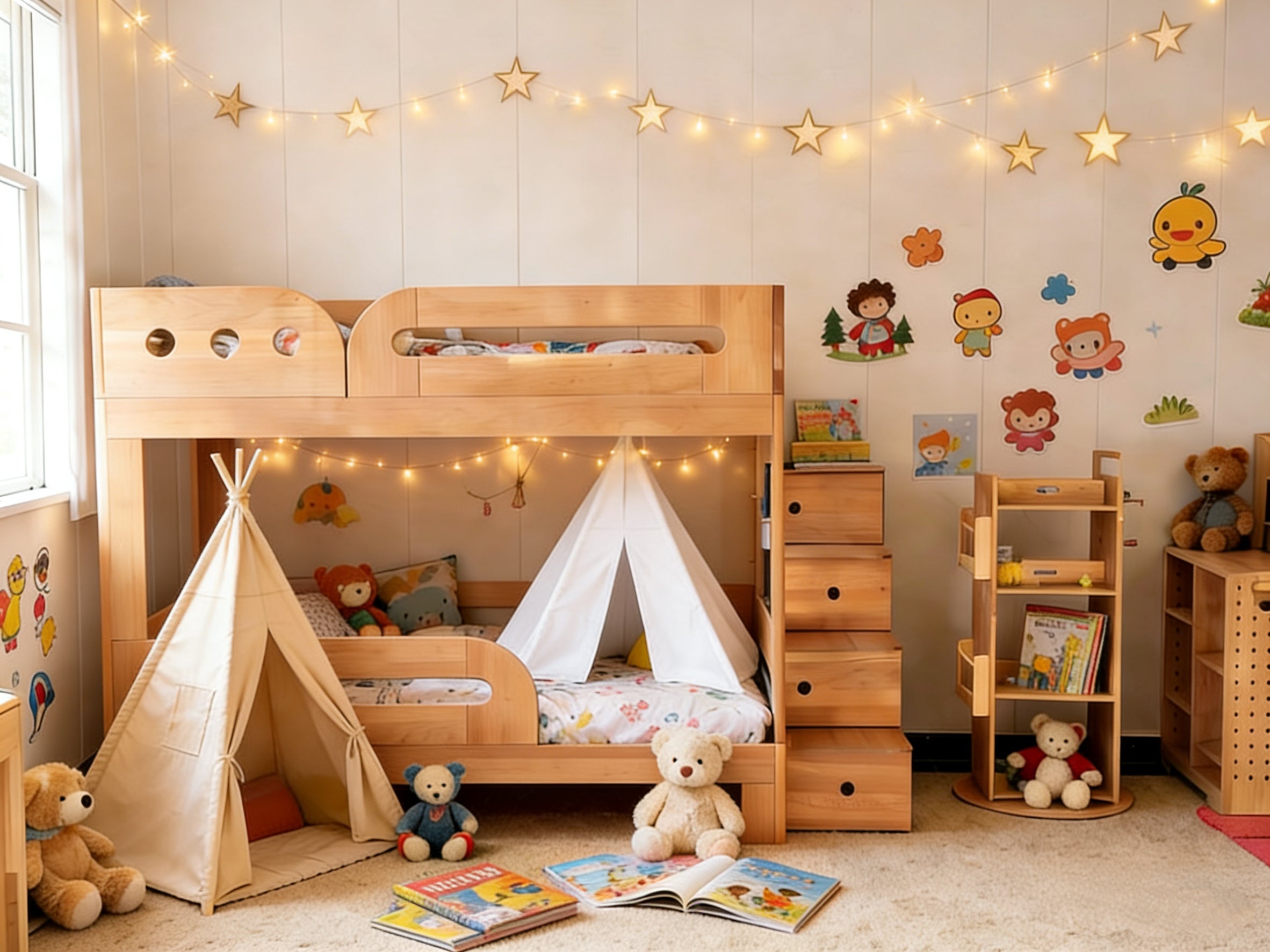  Complete solid wood kids' bedroom furniture set featuring a bunk bed with stairs, bookshelf, and decorative play tent - Huan Furniture.